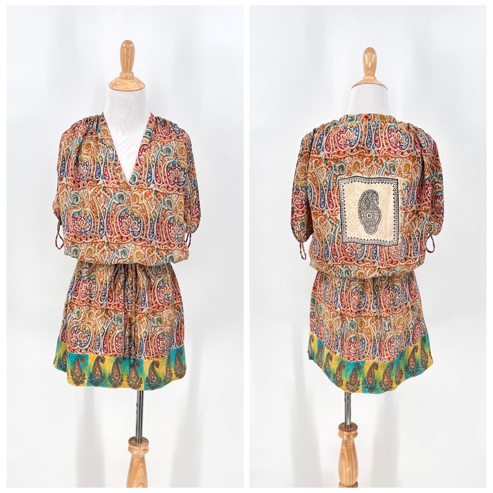 TOLANI Paisley Print Silk Dress Womens Small Orange Blue Cinch Short Sleeve